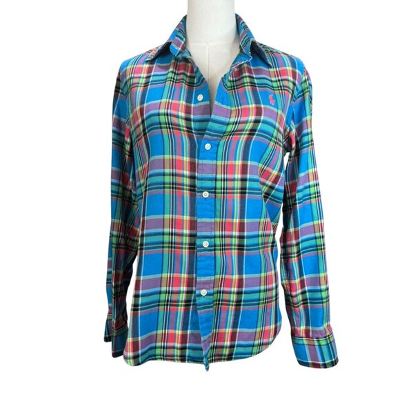 Ralph Lauren Women’s Blue Plaid Button-Down Shirt Size 10 Preppy Classic Cotton - Picture 1 of 7